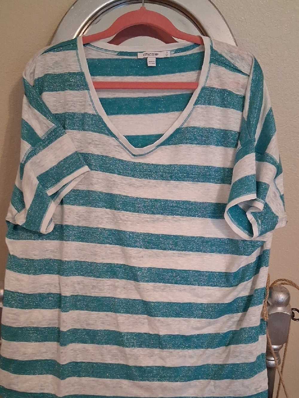 Chico's White and Teal Striped V-Neck Top